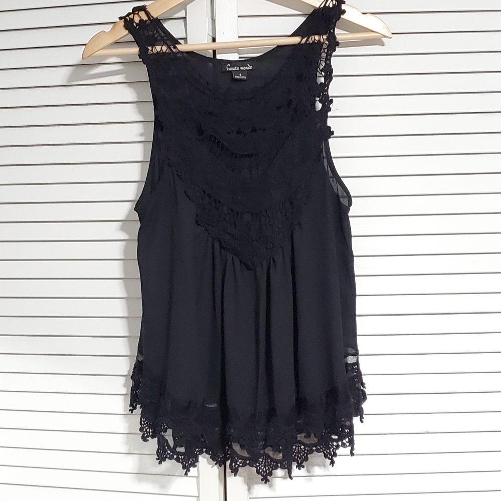 Haute Monde black sheer blouse with lace/crochet detail sz S